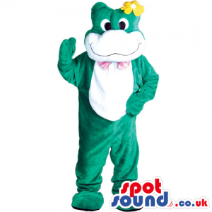 Green And White Frog Mascot With A Yellow Flower And Bow Tie -