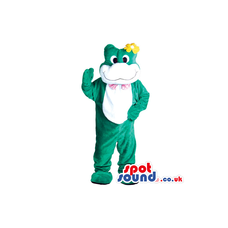 Green And White Frog Mascot With A Yellow Flower And Bow Tie -