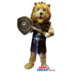 Lion Animal Mascot Wearing Gladiator Armor And Shield - Custom