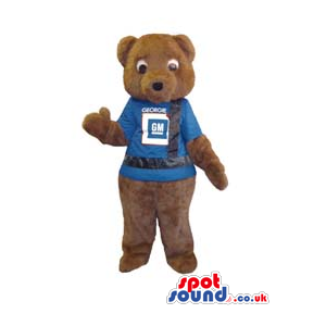 Brown Teddy Bear Plush Animal Mascot Wearing A Blue T-Shirt -