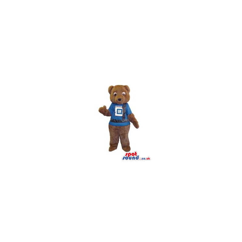 Brown Teddy Bear Plush Animal Mascot Wearing A Blue T-Shirt -