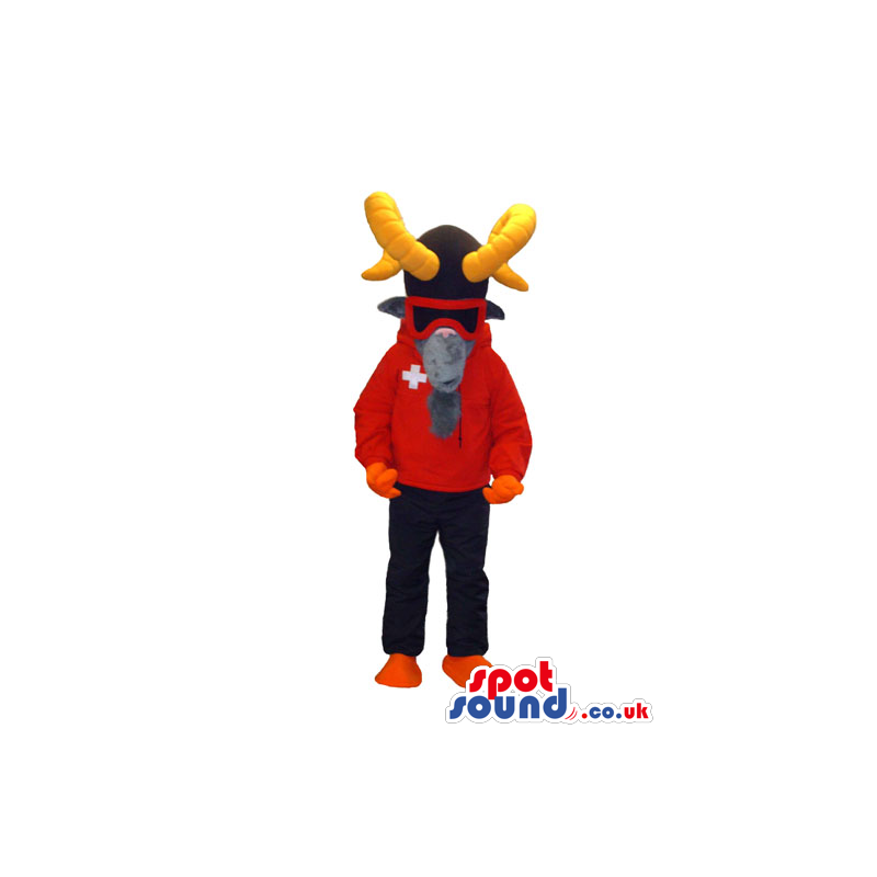 Grey Goat Animal Mascot With Yellow Horns Wearing Ski Garments