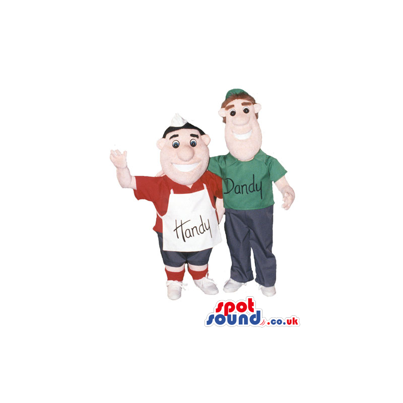 Couple Of Two Human Mascots Wearing A T-Shirt Or A Cook Apron -