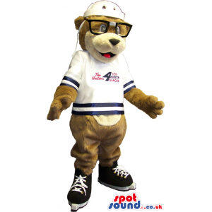 Brown Bear Mascot Wearing Ice Hockey Garments And Skates -