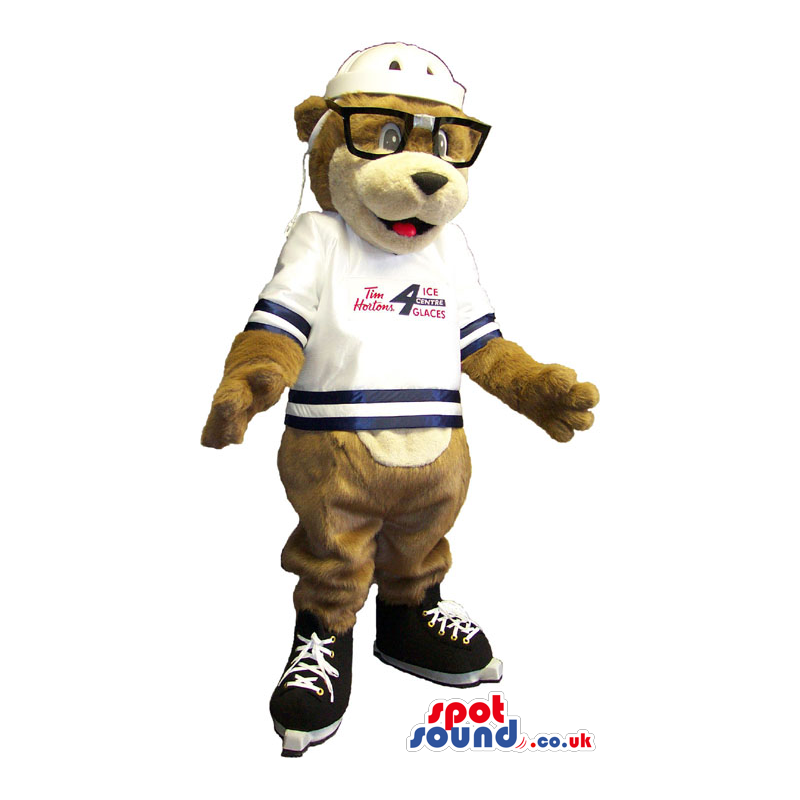 Brown Bear Mascot Wearing Ice Hockey Garments And Skates -