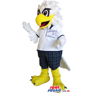 White Eagle Bird Mascot Wearing A Polo Shirt And Pants - Custom