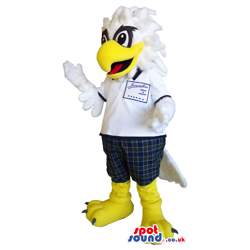 White Eagle Bird Mascot Wearing A Polo Shirt And Pants - Custom