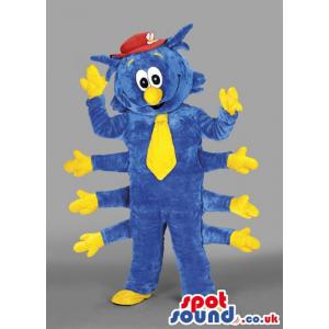 Eight hands caterpillar mascot in blue colour with yellow gloves