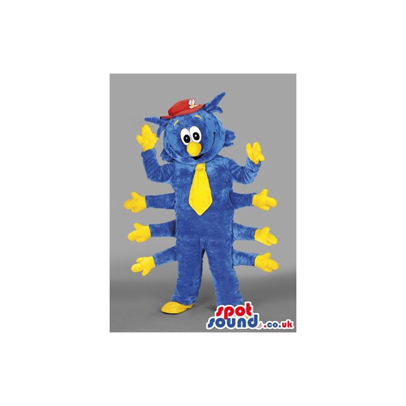 Eight hands caterpillar mascot in blue colour with yellow