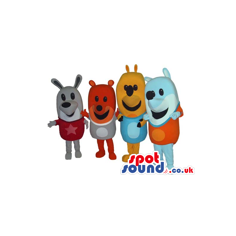 Four Colorful Bear Mascots In A Variety Or Colors And Sizes -