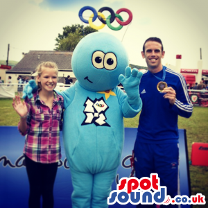 Blue And White Olympic Games Mascot With Logo And Rings -