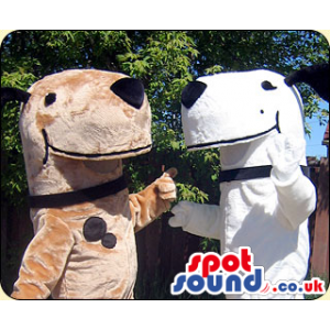 Two Dog Animal Mascots In Brown And White With A Collar -