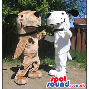 Two Dog Animal Mascots In Brown And White With A Collar -