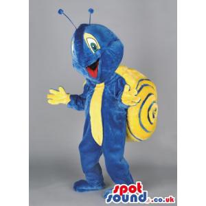 Snail mascot in blue colour with yellow load on his back -