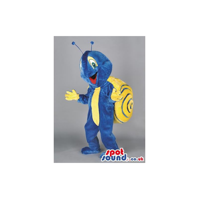 Snail mascot in blue colour with yellow load on his back -