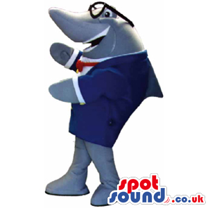 Funny Shark Mascot Wearing A Suite And Black Glasses - Custom
