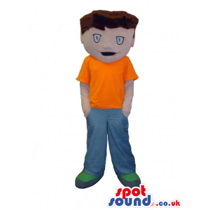 Boy Mascot With Brown Hair Wearing An Orange T-Shirt And Pants