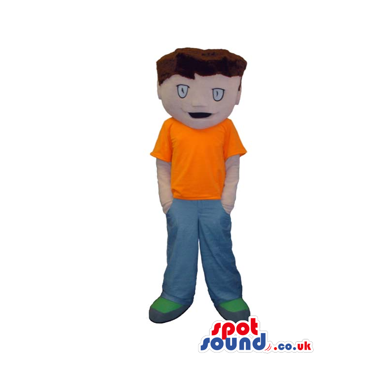 Boy Mascot With Brown Hair Wearing An Orange T-Shirt And Pants