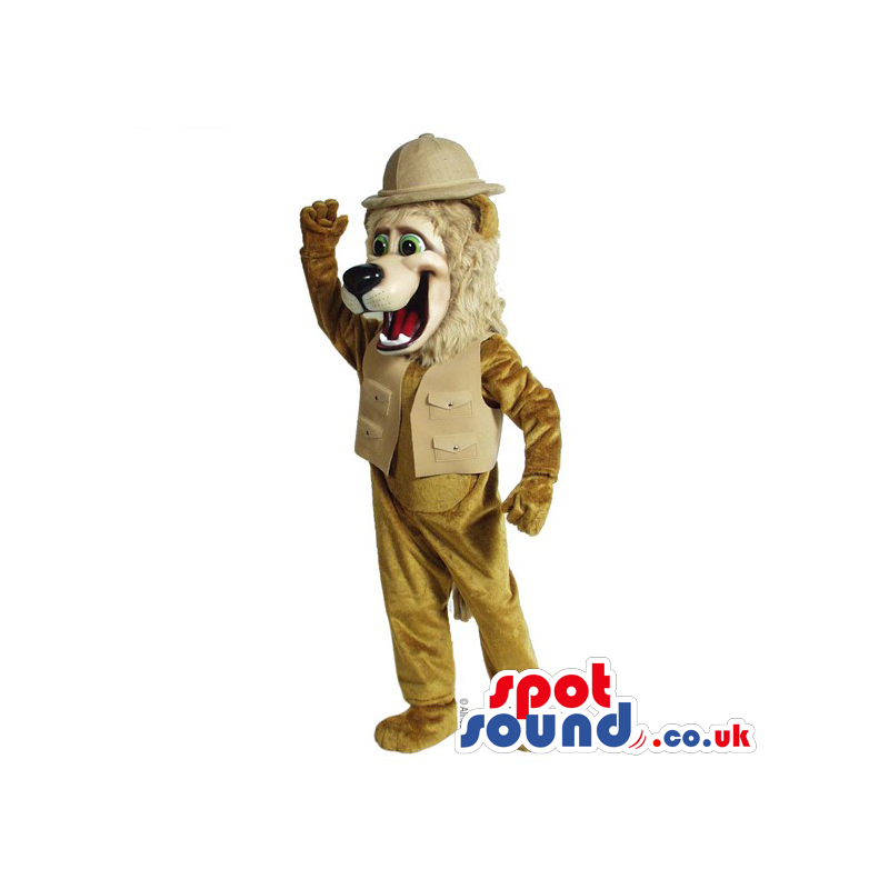 Beige Lion Animal Mascot Wearing Explorer Vest And Hat - Custom