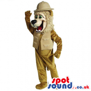 Beige Lion Animal Mascot Wearing Explorer Vest And Hat - Custom