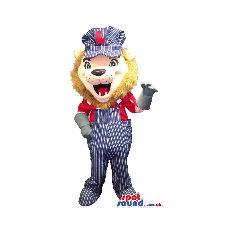 Lion Animal Mascot Wearing Overalls, Gloves And A Cap With