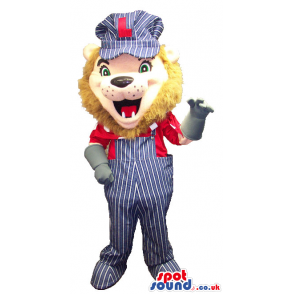 Lion Animal Mascot Wearing Overalls, Gloves And A Cap With