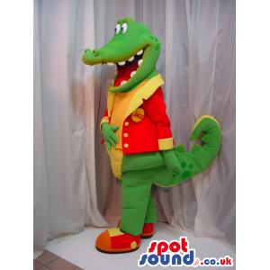 Green Alligator Mascot Wearing A Red And Yellow Jacket - Custom