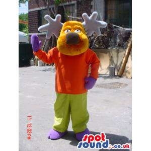 Reindeer Animal Mascot Wearing A T-Shirt, Pants And Gloves -