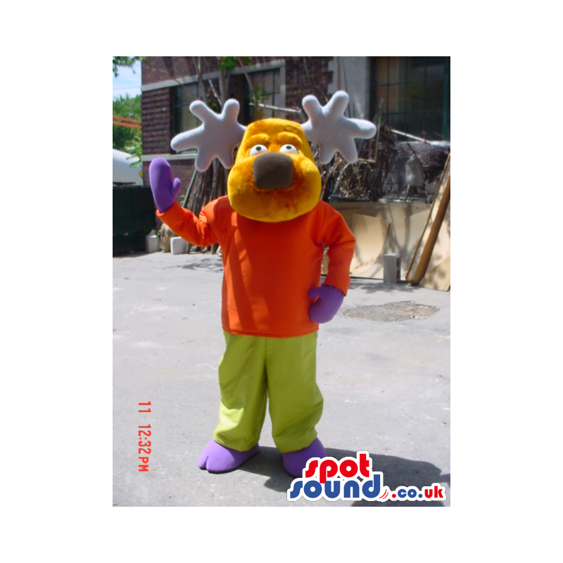 Reindeer Animal Mascot Wearing A T-Shirt, Pants And Gloves -