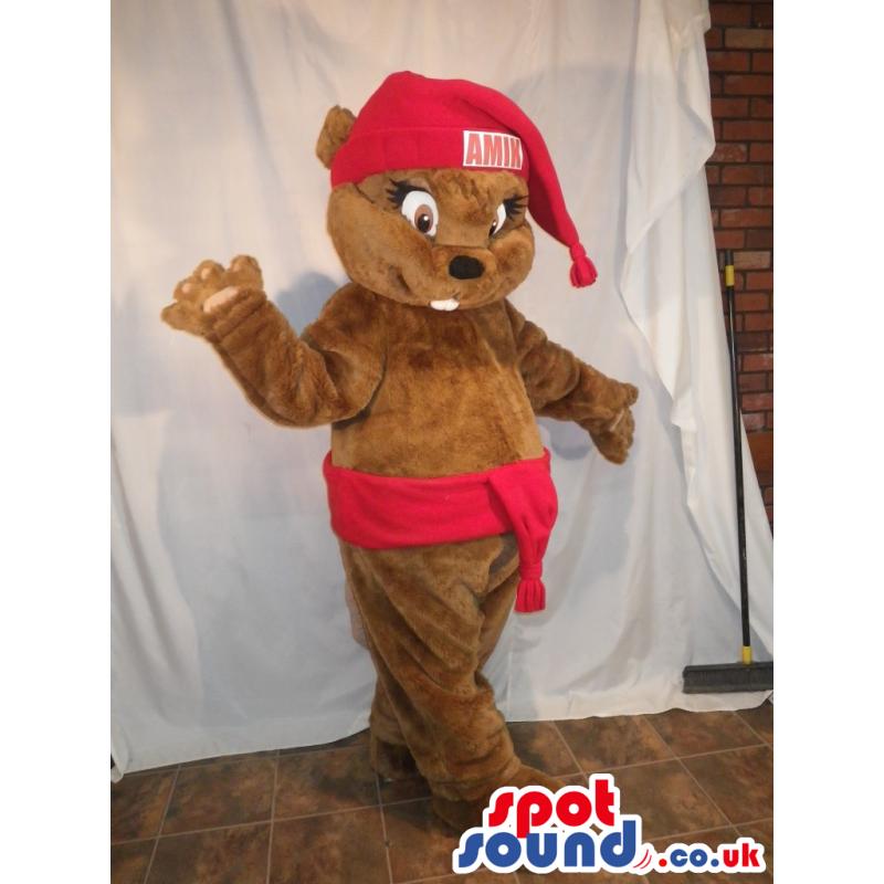 Brown Chipmunk Animal Mascot Wearing A Red Hat And Belt -