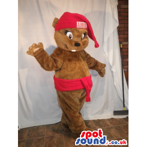 Brown Chipmunk Animal Mascot Wearing A Red Hat And Belt -