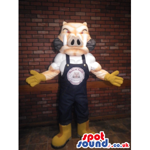 Boar Hog Animal Mascot Wearing Overalls With Strong Muscles -