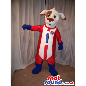 White Dog Mascot With Brown Spot Wearing Formula 1 Clothes -