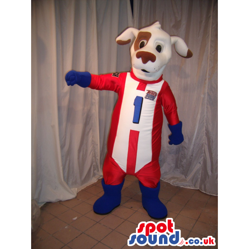 White Dog Mascot With Brown Spot Wearing Formula 1 Clothes -