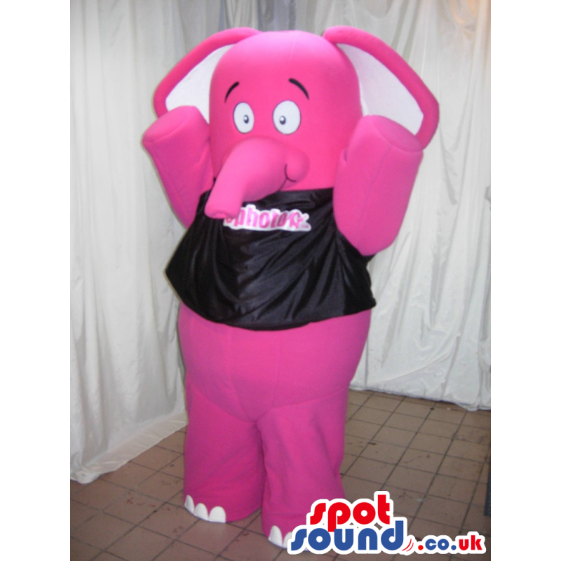 Pink Elephant Animal Mascot Wearing A Black T-Shirt - Custom