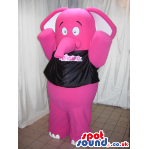 Pink Elephant Animal Mascot Wearing A Black T-Shirt - Custom