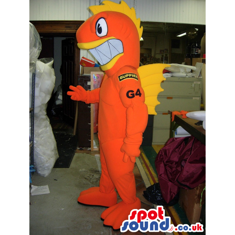 Orange And Yellow Fish Mascot With Big Teeth And Logos - Custom