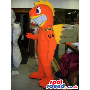 Orange And Yellow Fish Mascot With Big Teeth And Logos - Custom