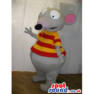 Grey Mouse Mascot With Big Ears Wearing A Striped T-Shirt -