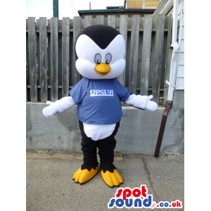 Cute Penguin Animal Bird Mascot Wearing A Blue T-Shirt - Custom