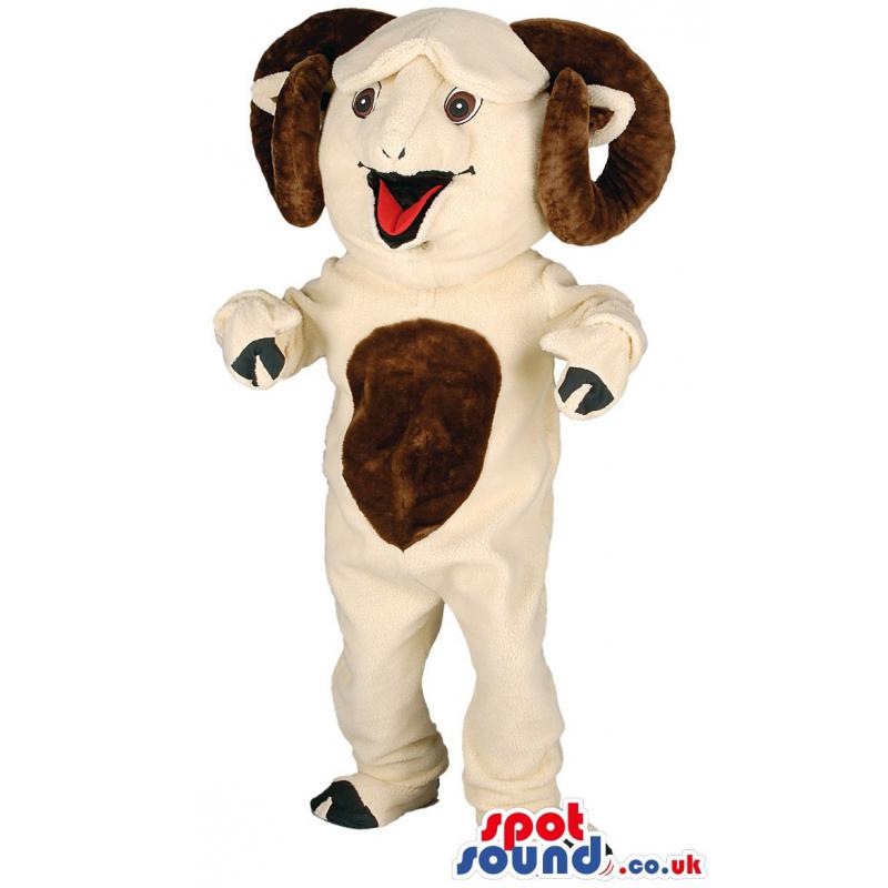 Horn bull mascot with light brown body and in black socks -