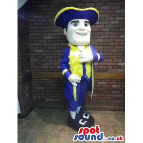 Human Mascot Wearing Blue And Yellow Soldier Character Clothes