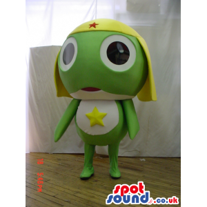 Green And White Fantasy Frog Mascot With And Yellow Hat -