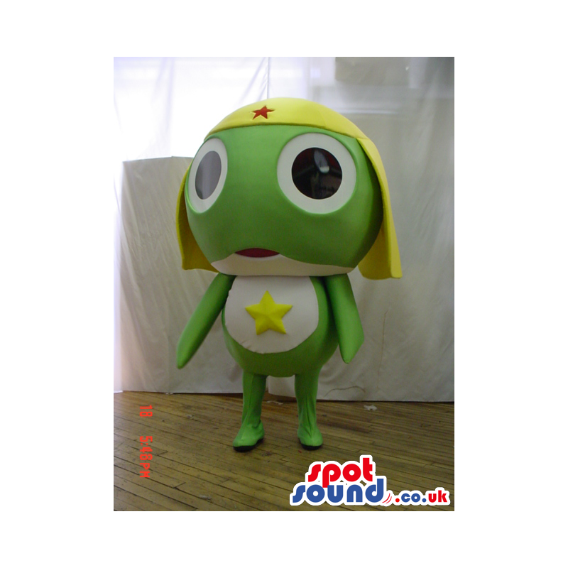 Green And White Fantasy Frog Mascot With And Yellow Hat -