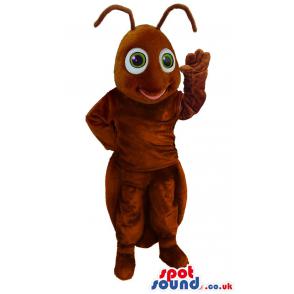 Brown insect mascot who is waving hands to say his greeting -