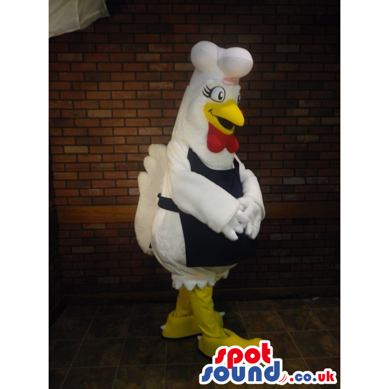 White Hen Mascot Wearing A Black Apron And Chef Hat - Custom