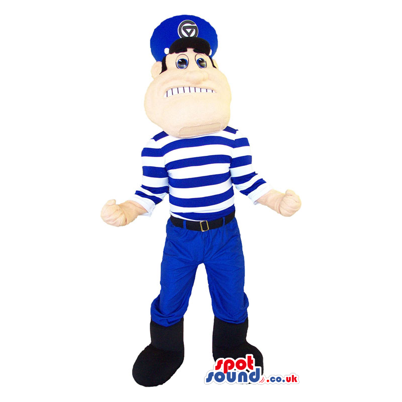 Human Mascot Wearing A Striped Blue And White T-Shirt And A Hat