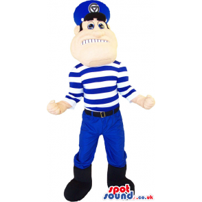 Human Mascot Wearing A Striped Blue And White T-Shirt And A Hat