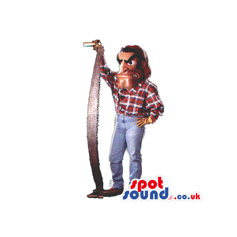 Human Mascot With A Saw And A An Angry Face Wearing Jeans -