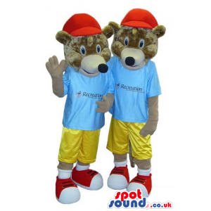 Two Bear Mascots Wearing Red Caps, T-Shirts With Logo - Custom